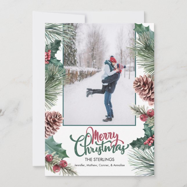 Pine Cone Holly Branch Photo Merry Christmas Holiday Card (Front)