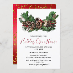 Pine Cone & Leaves Christmas Holiday Open House Invitation