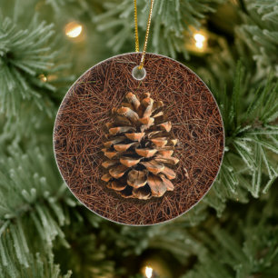 Pine Cone On Fallen Needles Ceramic Tree Decoration