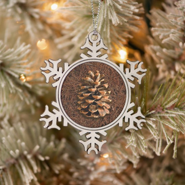 Pine Cone On Fallen Needles Snowflake Pewter Christmas Ornament (Tree)