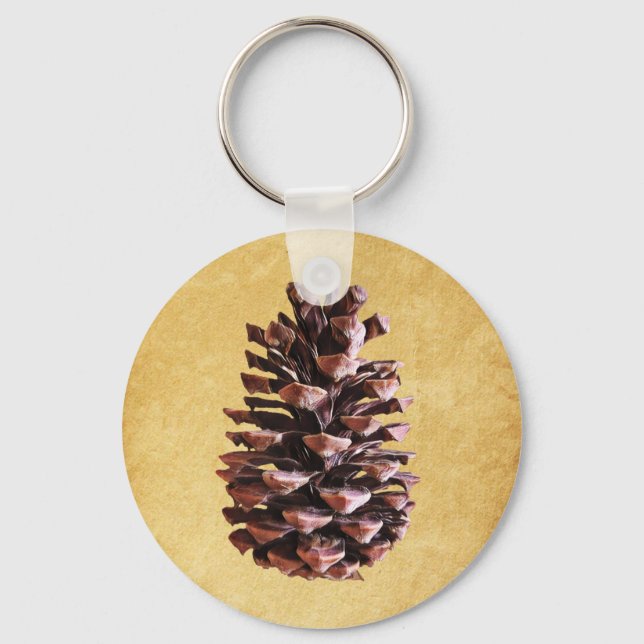 Pine Cone On Vintage Paper Key Ring (Front)