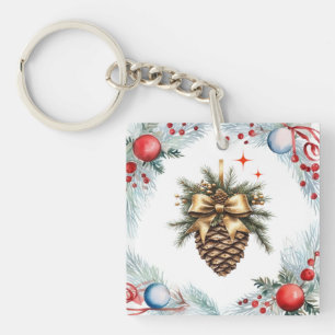 Pine Cone Surrounded By Wreath And Ornaments Key Ring