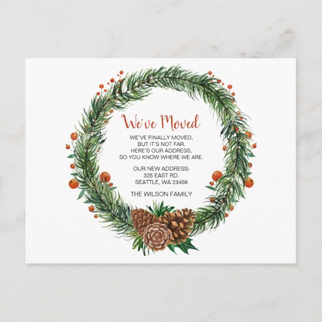 Pine cone Wreath We've Moved Holiday Announcement Postcard (Front)