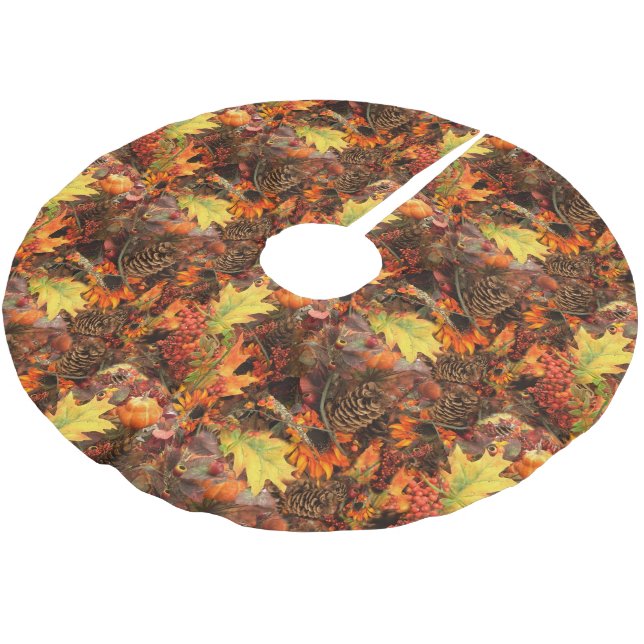 Pine Cones and Autumn Leaves Thanksgiving Brushed Polyester Tree Skirt (Angled)