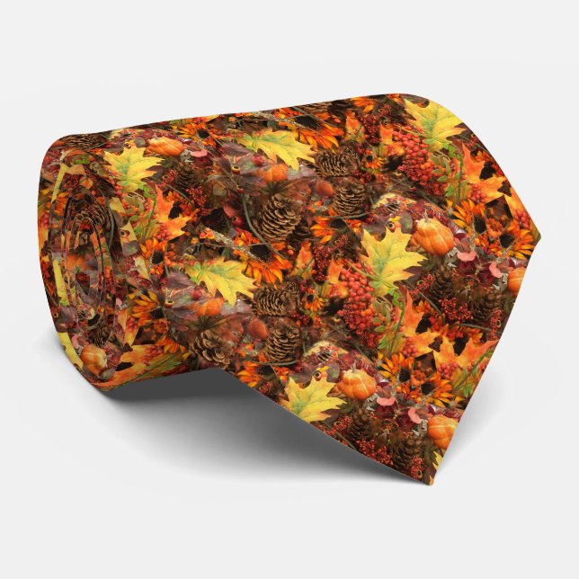 Pine Cones and Autumn Leaves Thanksgiving Tie (Rolled)