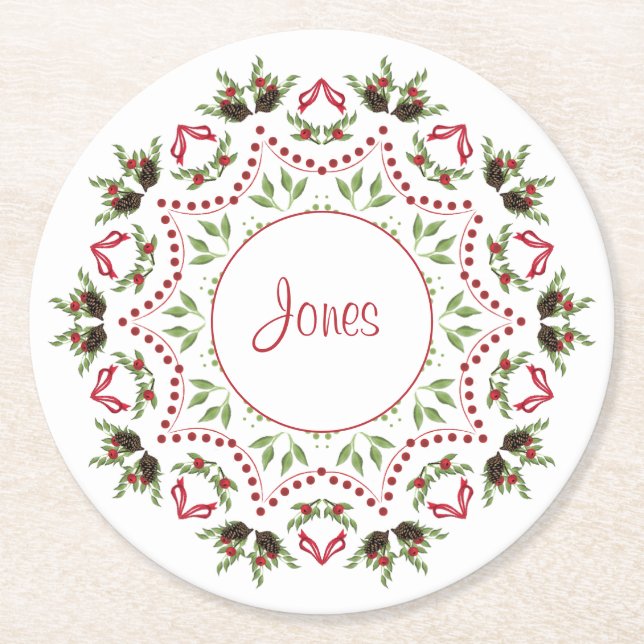 Pine cones and berries paper coaster personalised (Front)