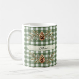 Pine Cones and Branches Personalised Gingham Coffee Mug