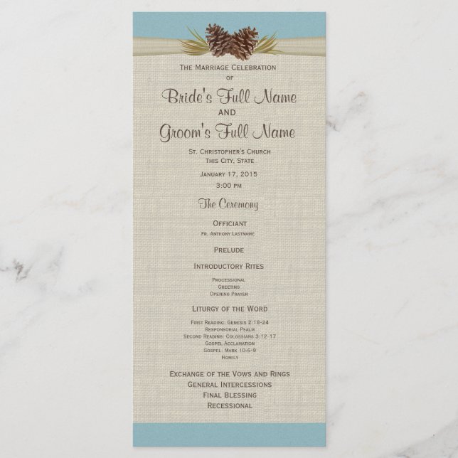 Pine Cones and Burlap Blue Wedding Program Programme (Front)