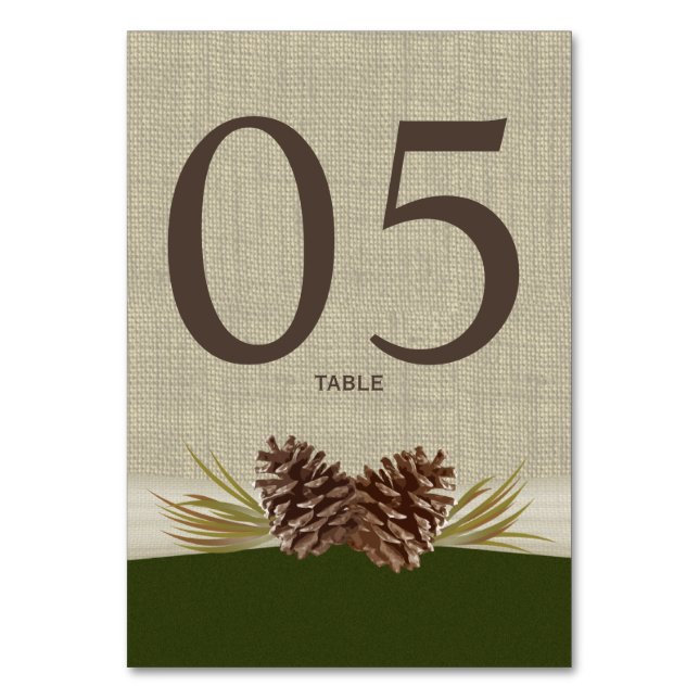 Pine Cones and Burlap Green Table Number Card (Front)