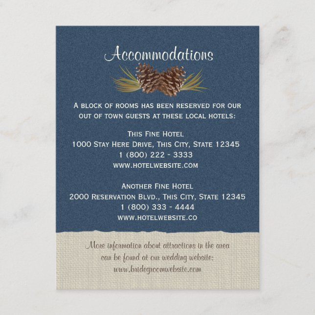 Pine Cones and Burlap Info Card Navy Blue (Front)