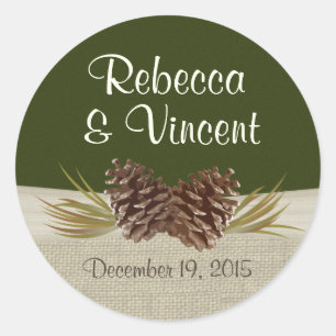 Pine Cones and Burlap Woodland Green Classic Round Sticker