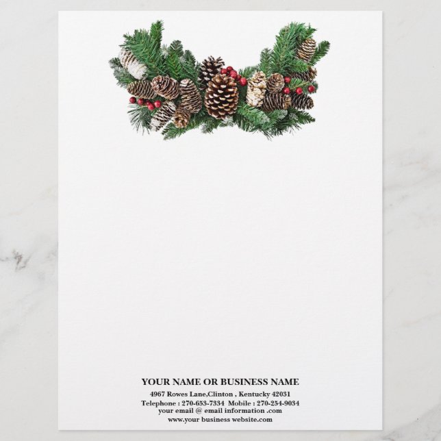 Pine Cones and Holly Berries Business Christmas  Custom Letterhead (Front)