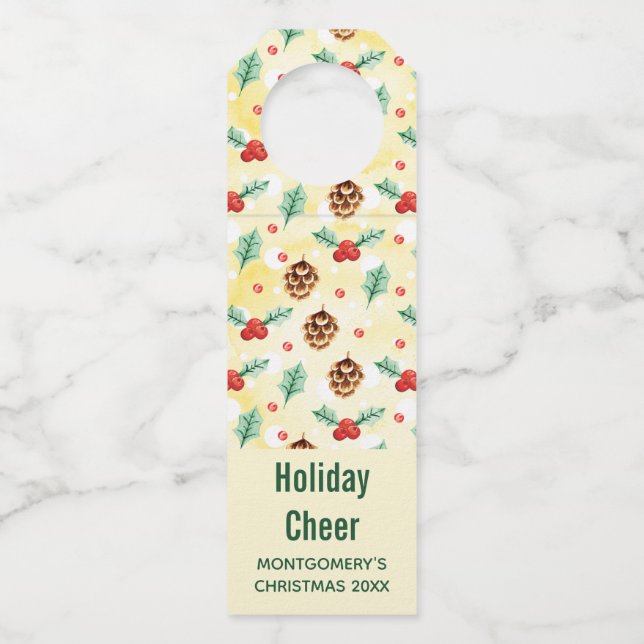 Pine Cones and Holly Christmas Pattern Bottle Tag (Front)