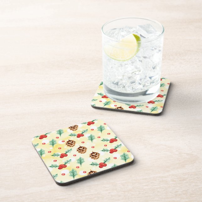 Pine Cones and Holly Christmas Pattern Coaster (Right Side)