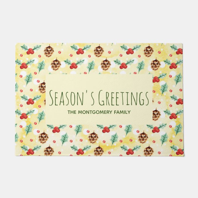 Pine Cones and Holly Christmas Pattern Doormat (Front)