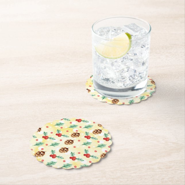 Pine Cones and Holly Christmas Pattern Paper Coaster (Insitu)