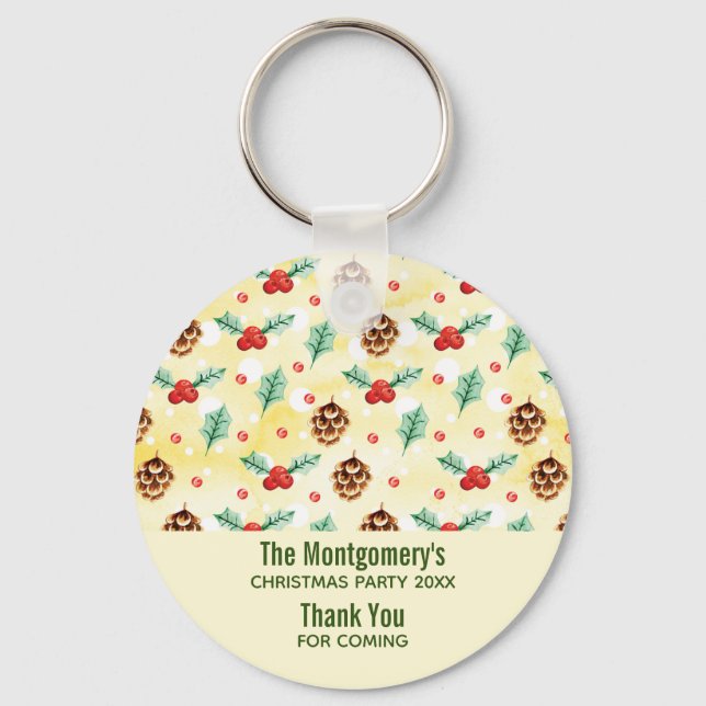 Pine Cones and Holly Christmas Pattern Party Favou Key Ring (Front)