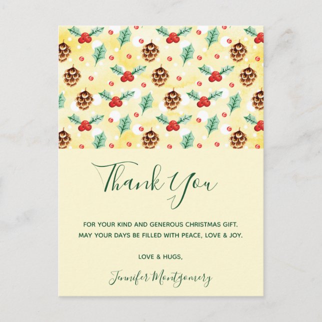 Pine Cones and Holly Christmas Pattern Postcard (Front)