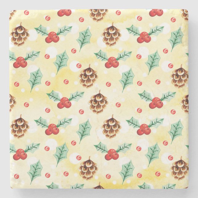 Pine Cones and Holly Christmas Pattern Stone Coaster (Front)