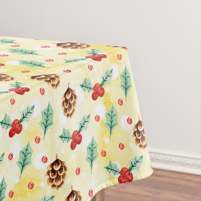 Pine Cones and Holly Christmas Pattern Tablecloth (In Situ)