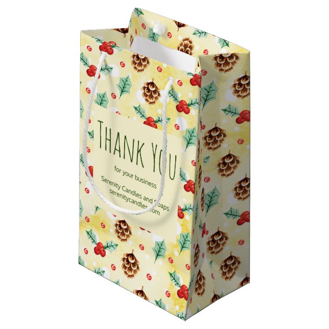 Pine Cones and Holly Christmas Pattern Thank You Small Gift Bag (Front Angled)