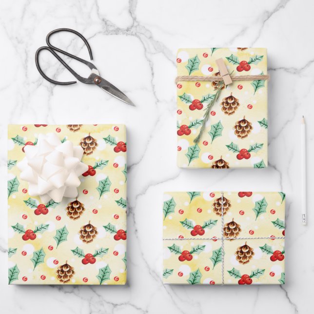 Pine Cones and Holly Christmas Pattern Wrapping Paper Sheet (Front)