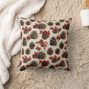 Pine Cones and Red Berries Winter Pattern Cushion