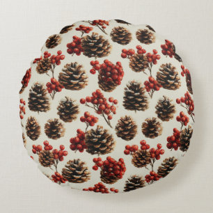 Pine Cones and Red Berries Winter Pattern Round Cushion