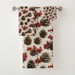 Pine Cones and Red Berries Winter Pattern Towel