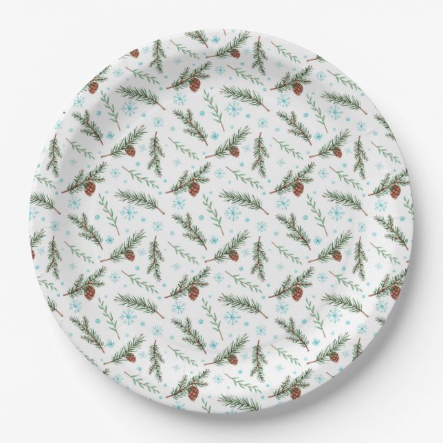 Pine Cones and Snow Flakes Paper Plate (Front)
