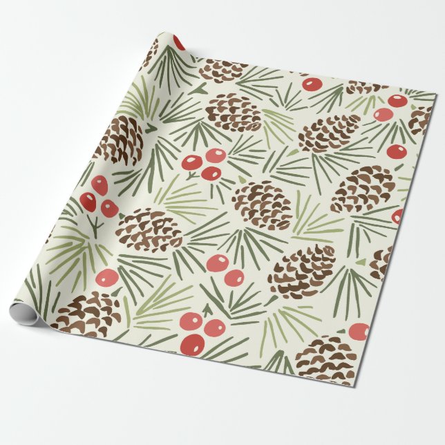 Pine Cones and Winter Berries Wrapping Paper (Unrolled)