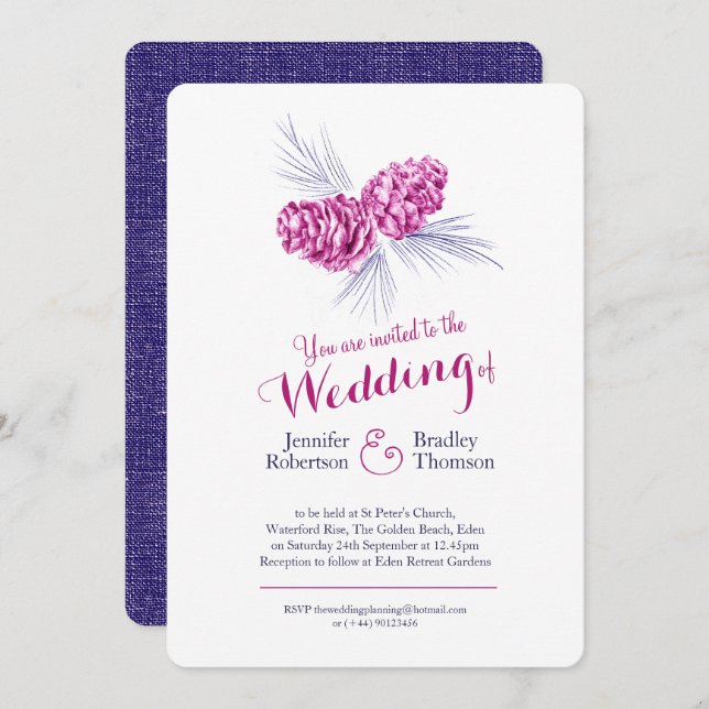 Pine cones art plum navy winter wedding invites (Front/Back)
