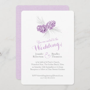 Pine cones art purple grey winter wedding invites