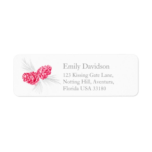 Pine cones art red grey wedding reply labels (Front)