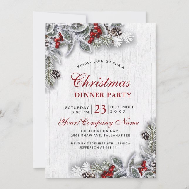 Pine Cones Branch Rustic Christmas Dinner Party Invitation (Front)