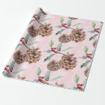 Pine Cones Christmas  Wrapping Paper<br><div class="desc">Elegant rustic pine cones and holly berries Christmas on a pink background. A homey earthy style for the holidays.</div>