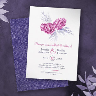 Pine cones drawing art blue plum winter wedding invitation