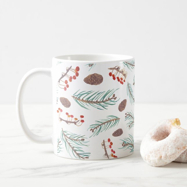 Pine Cones Forest Watercolor Trees Coffee Mug (With Donut)