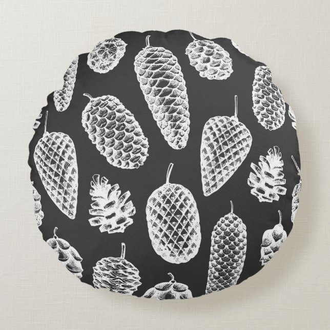 Pine cones hand drawn seamless pattern. Botanical  Round Cushion (Front)