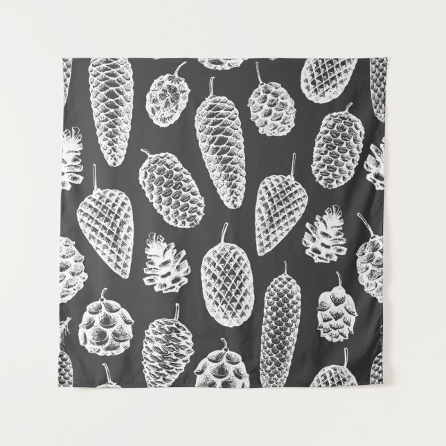 Pine cones hand drawn seamless pattern. Botanical  Tapestry (Front)