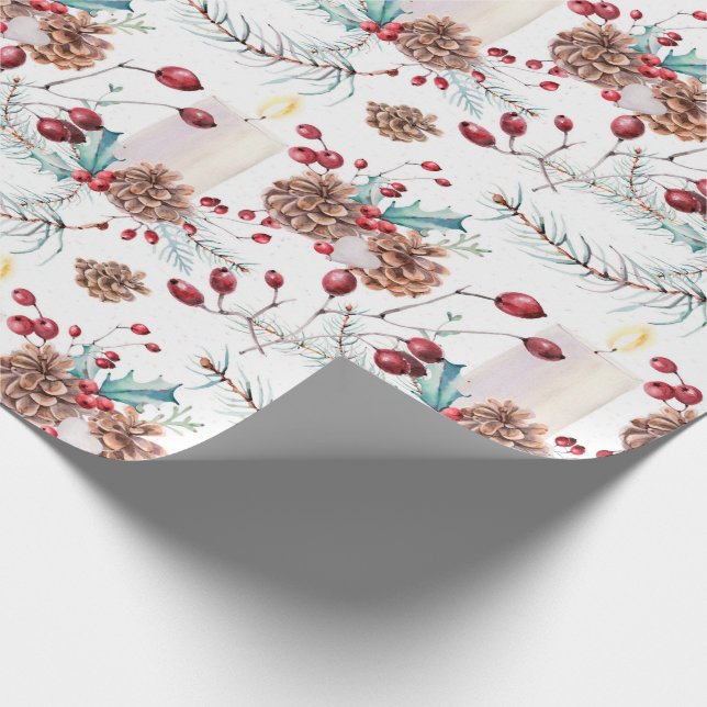 Pine Cones Holly Berries Christmas Wrapping Paper (Corner)