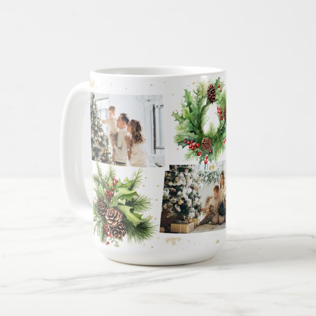 Pine Cones Holly Berries Photo Collage Christmas Coffee Mug (Front Left)