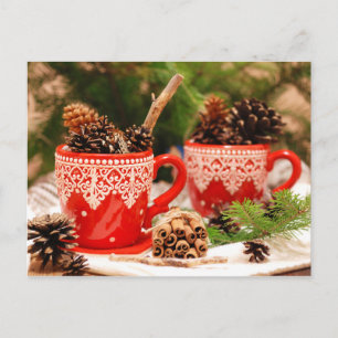 Pine cones in coffee cups postcard