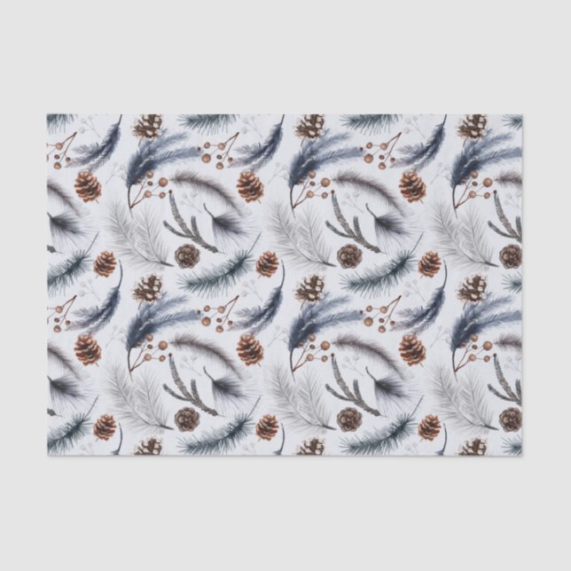 Pine Cones & Pine Needles Christmas Pattern Tissue Paper (Front)