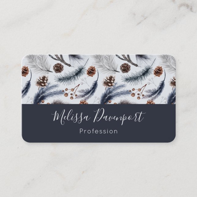 Pine Cones & Pine Needles Watercolor Pattern Business Card (Front)