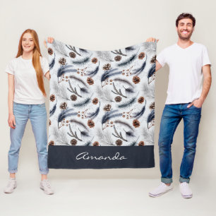 Pine Cones & Pine Needles Watercolor Pattern Fleece Blanket