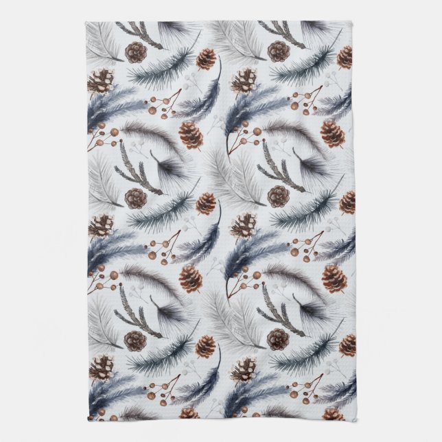 Pine Cones & Pine Needles Watercolor Pattern Tea Towel (Vertical)