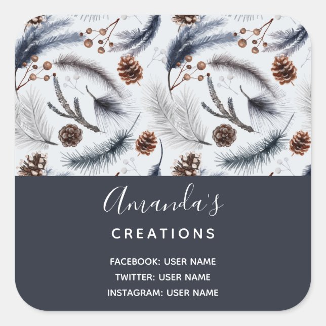 Pine Cones & Pine Needles Winter Pattern Business Square Sticker (Front)