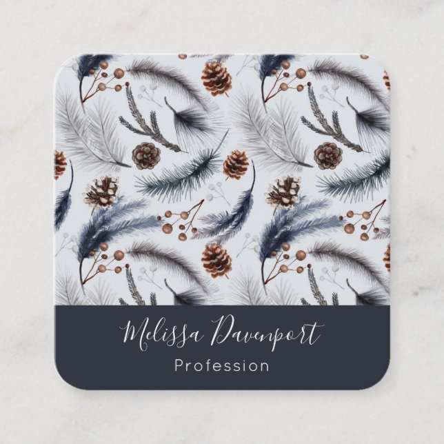 Pine Cones & Pine Needles Winter Pattern Square Business Card (Front)