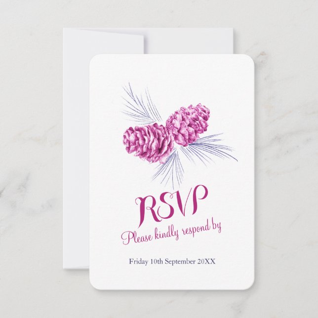 Pine cones plum and navy wedding RSVP (Front)